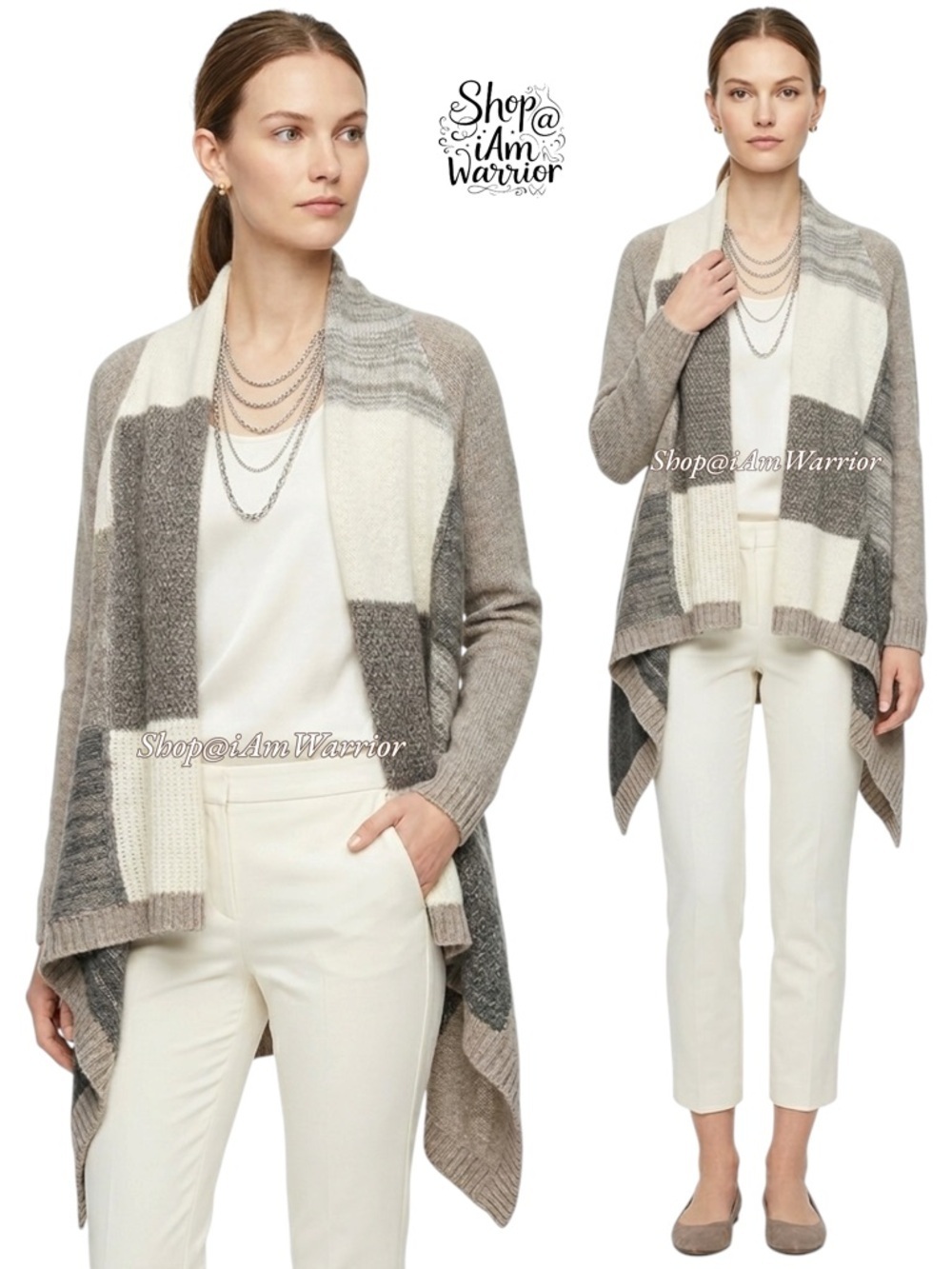 Chico’s color-block patchwork waterfall cardigan *shop@iamwarrior